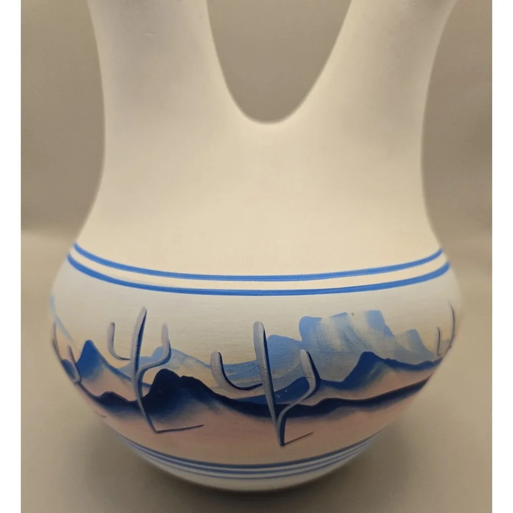 Vase Navajo Double Floral Opening Painted  Signed Approx.  10